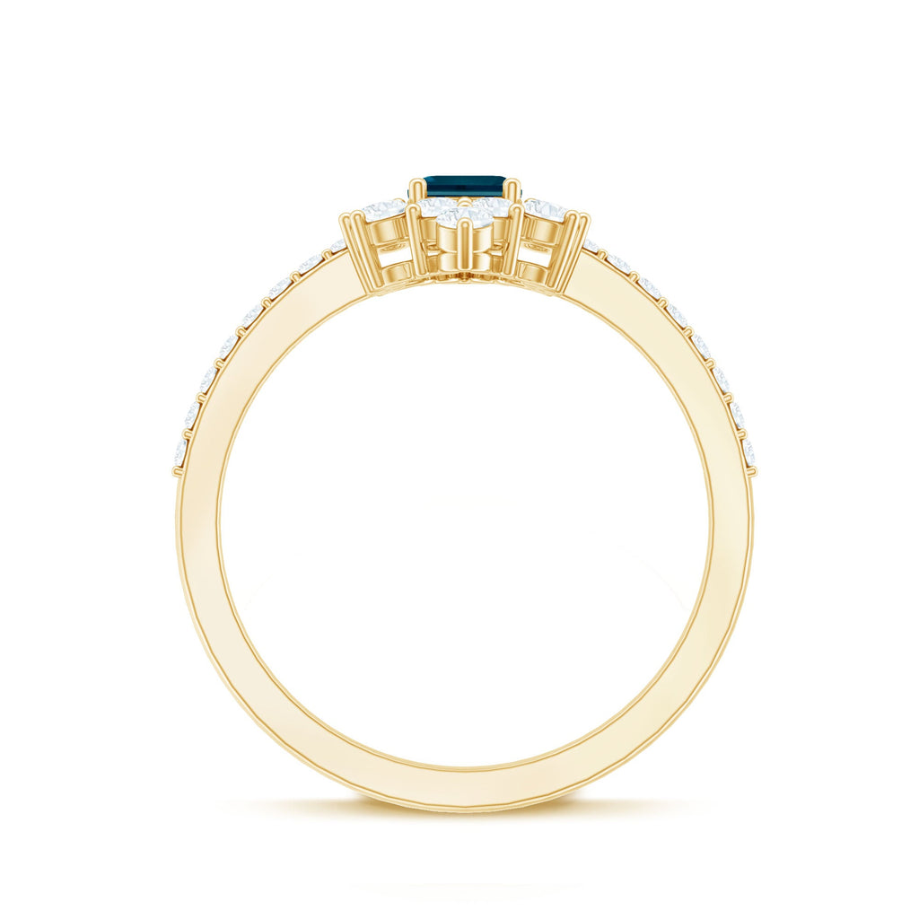 4X6mm Emerald Cut London Blue Topaz Antique Looking Engagement Ring with Diamond Halo