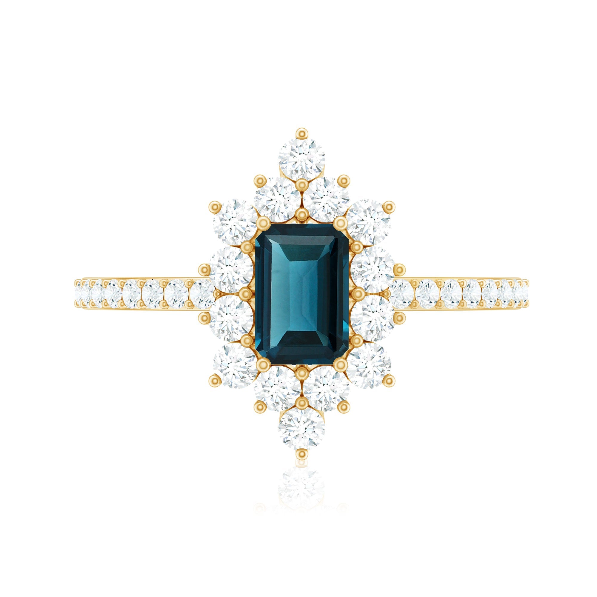4X6mm Emerald Cut London Blue Topaz Antique Looking Engagement Ring with Diamond Halo