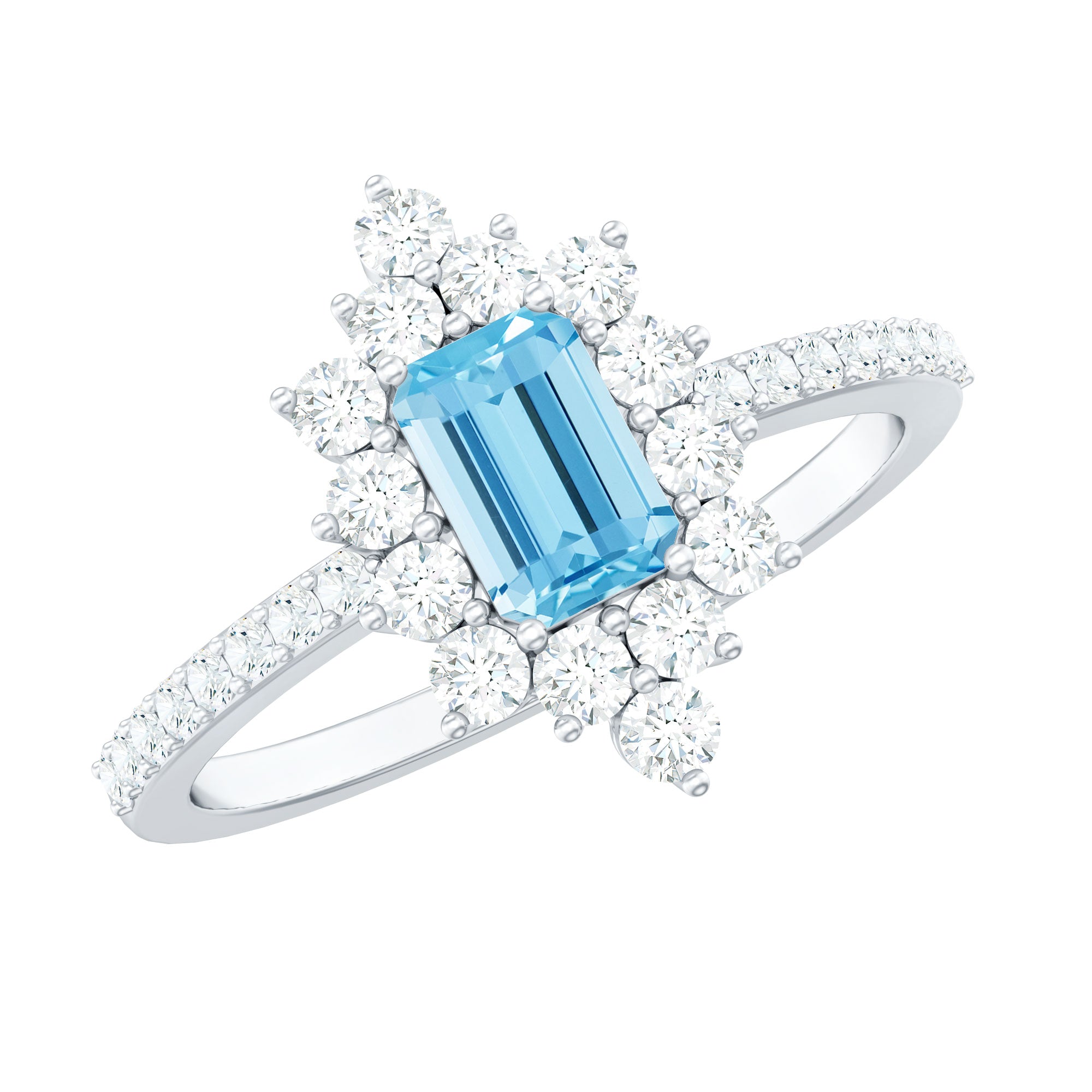 Vintage Looking Aquamarine and Diamond Halo Engagement Ring