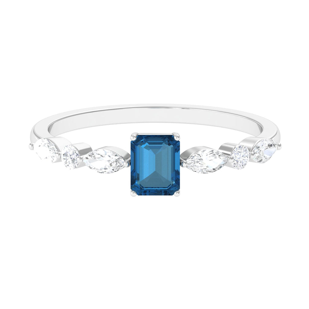 4X6mm Emerald Cut London Blue Topaz Solitaire Ring with Diamond