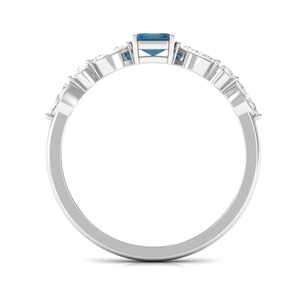 4X6mm Emerald Cut London Blue Topaz Solitaire Ring with Diamond