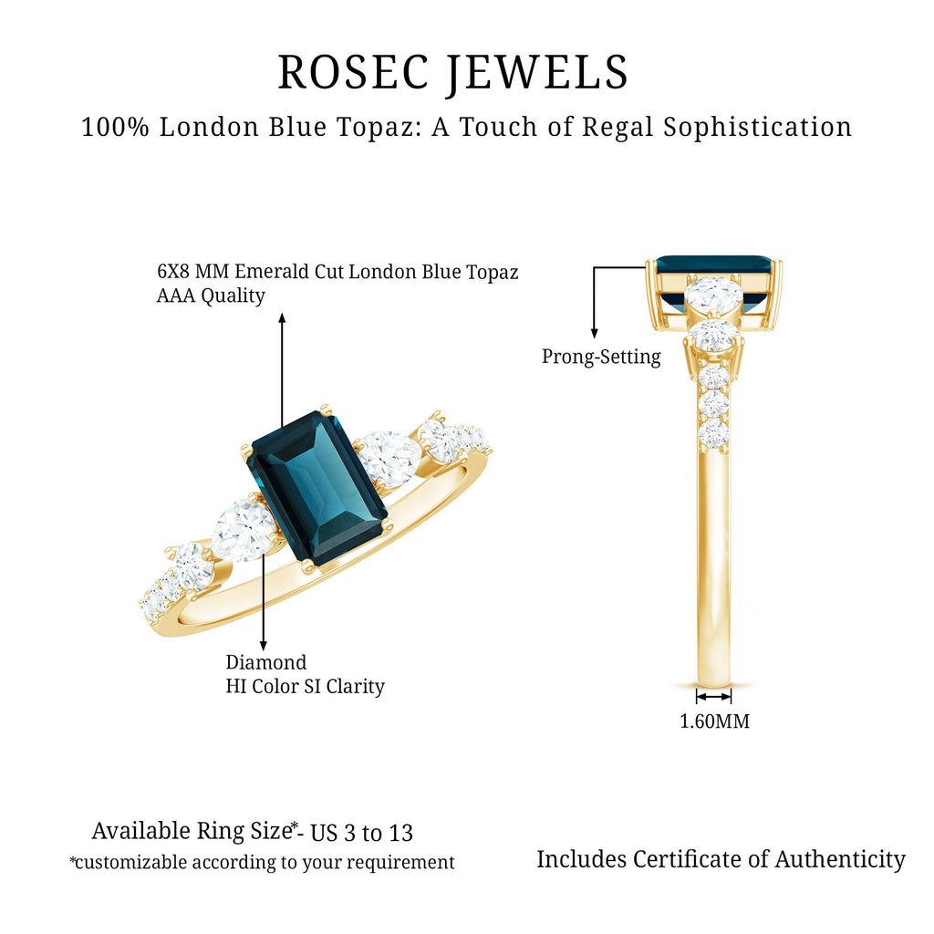 Genuine 6X8mm Emerald Cut London Blue Topaz Engagement Ring with Diamond