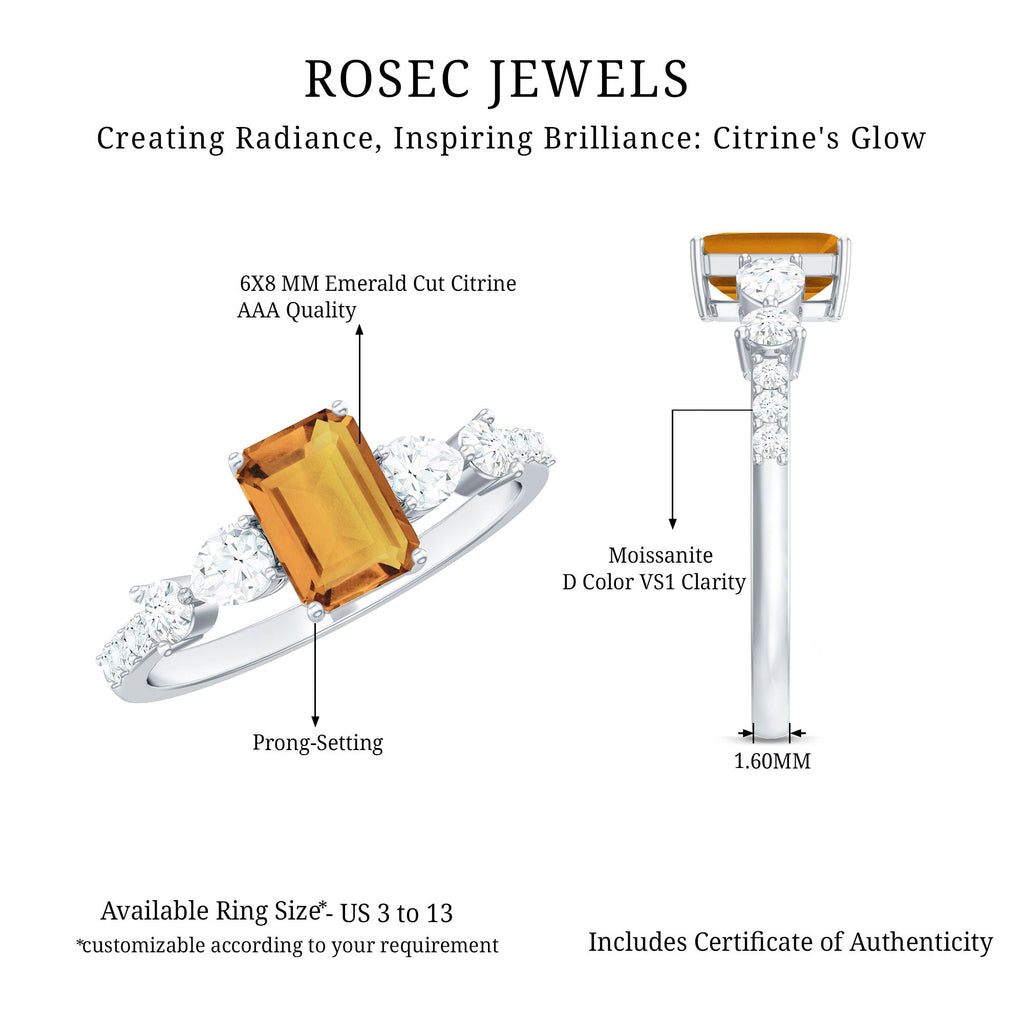 1.8 Carat Genuine Citrine Emerald Cut Engagement Ring with Moissanite Side Stones