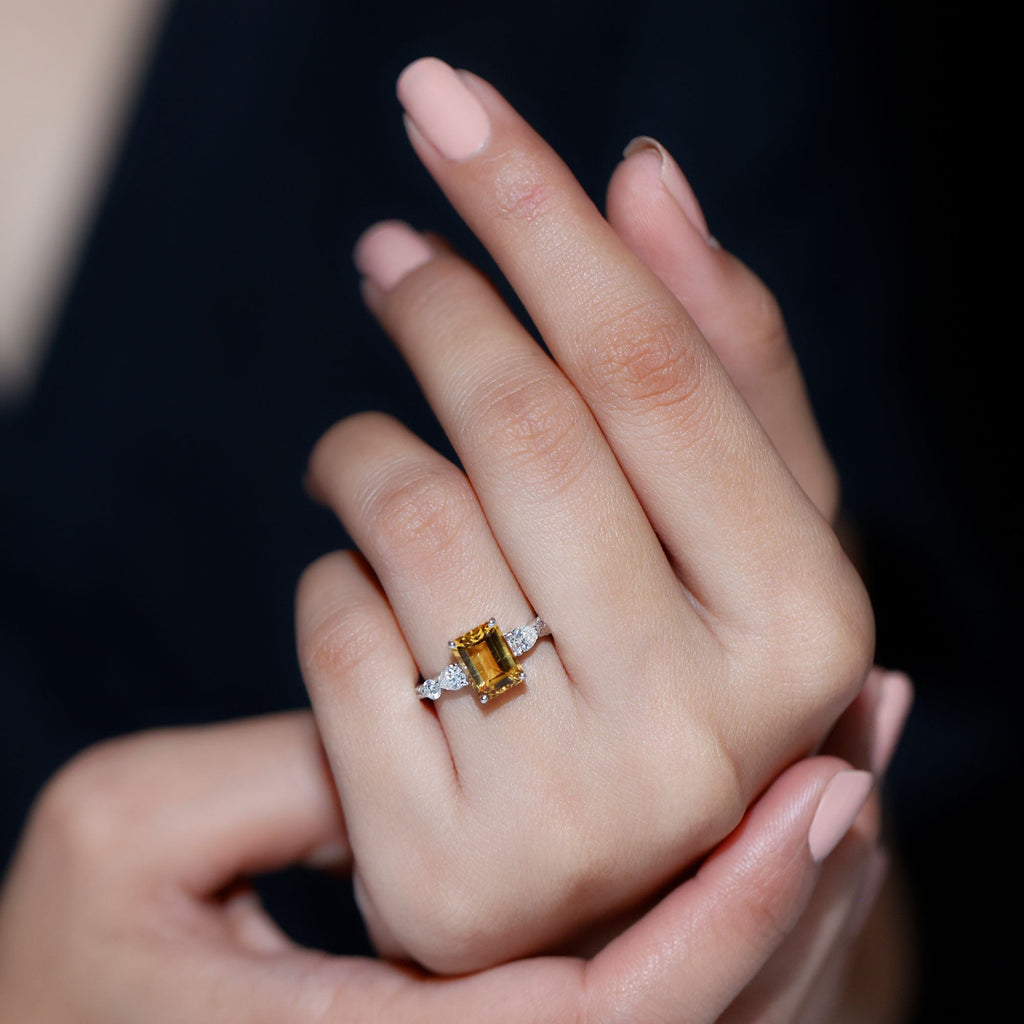 1.8 Carat Genuine Citrine Emerald Cut Engagement Ring with Moissanite Side Stones