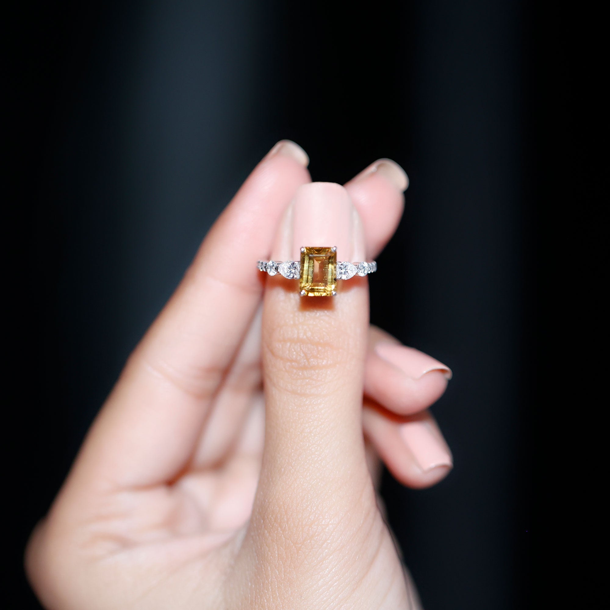 1.8 Carat Genuine Citrine Emerald Cut Engagement Ring with Moissanite Side Stones