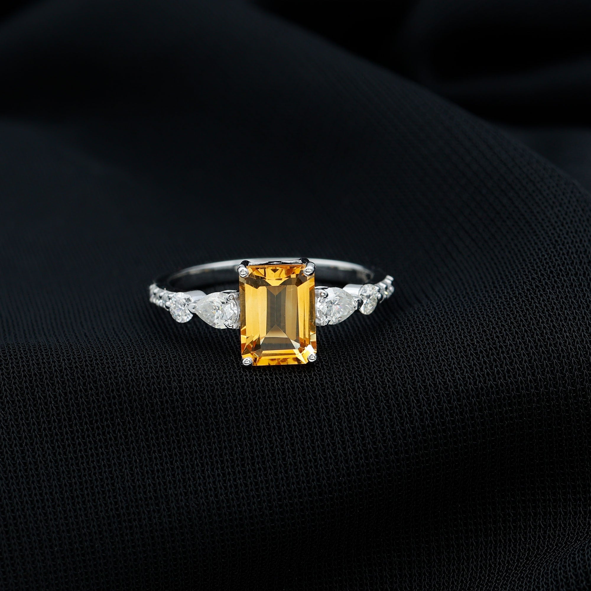 1.8 Carat Genuine Citrine Emerald Cut Engagement Ring with Moissanite Side Stones