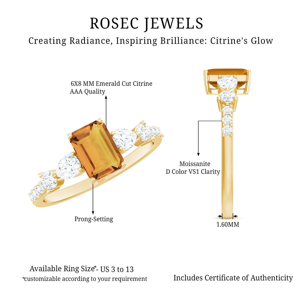 1.8 Carat Genuine Citrine Emerald Cut Engagement Ring with Moissanite Side Stones