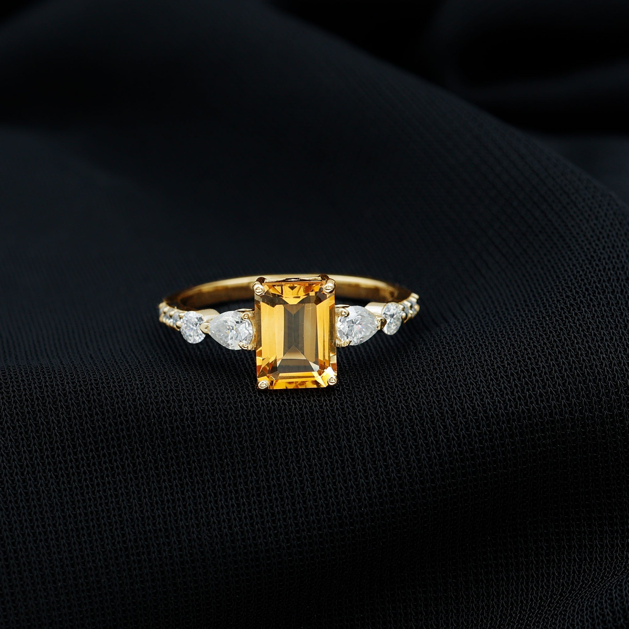 1.8 Carat Genuine Citrine Emerald Cut Engagement Ring with Moissanite Side Stones