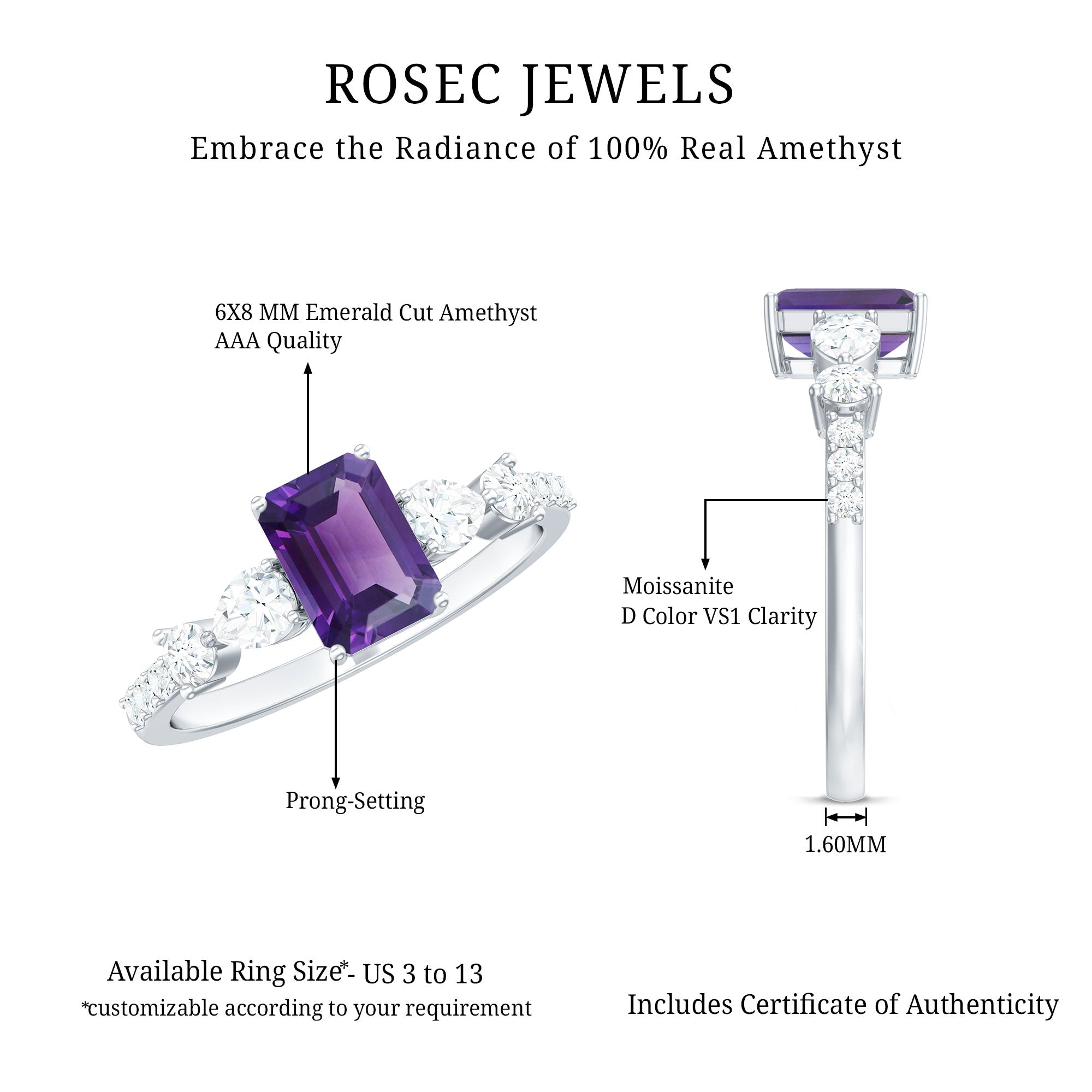 Real 1.4 Carat Emerald Cut Amethyst Engagement Ring with Moissanite