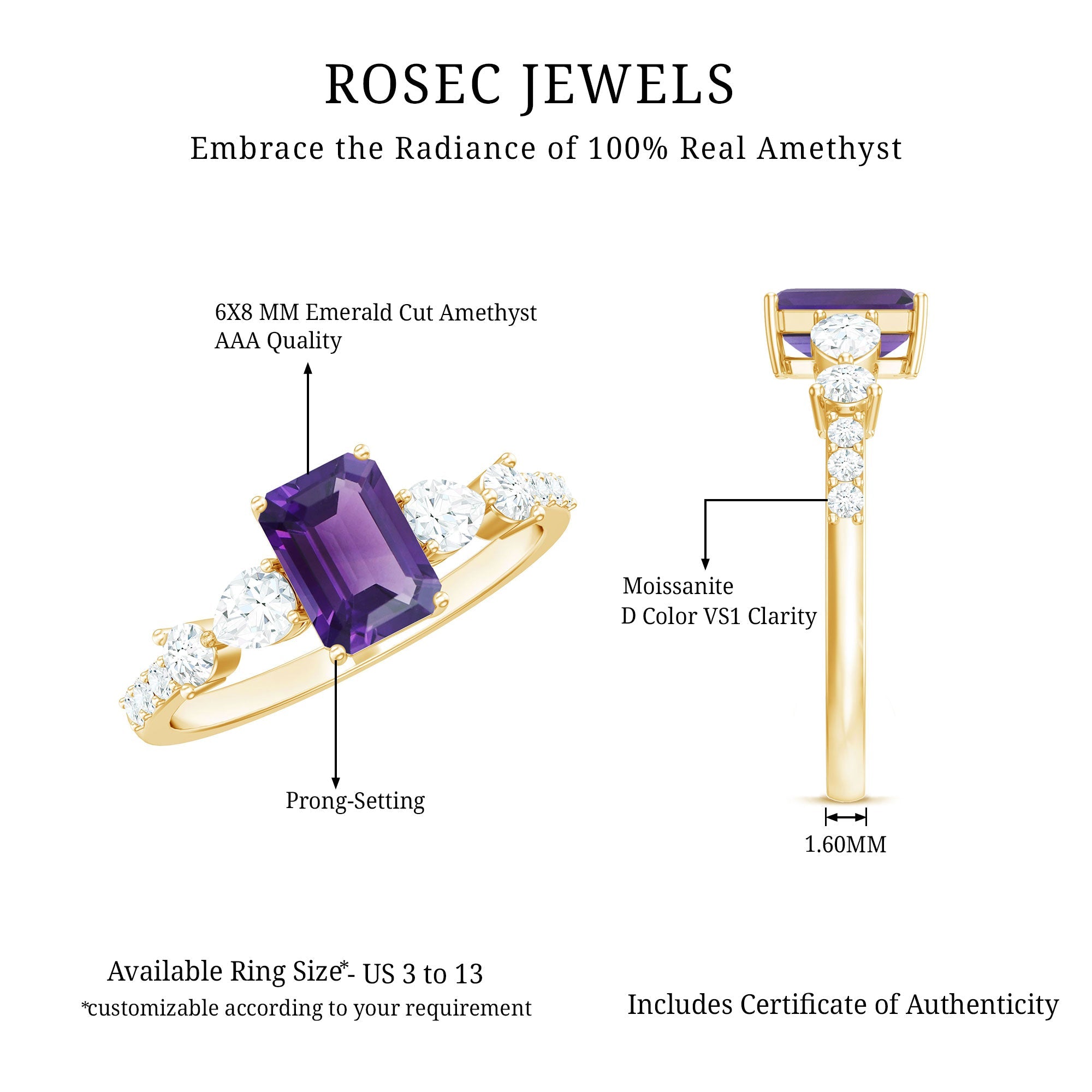 Real 1.4 Carat Emerald Cut Amethyst Engagement Ring with Moissanite