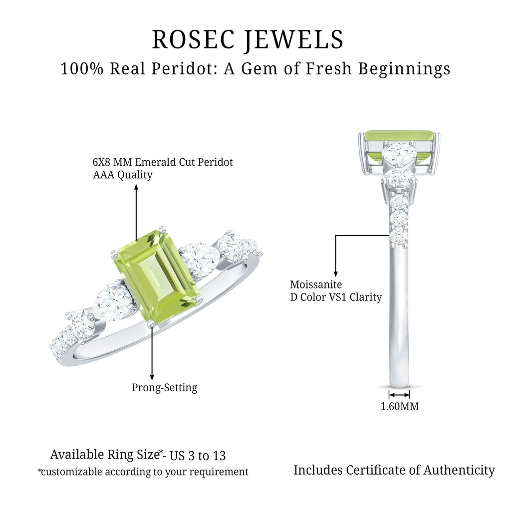 Natural 1.8 Carat Peridot Emerald Cut Engagement Ring with Side Stones