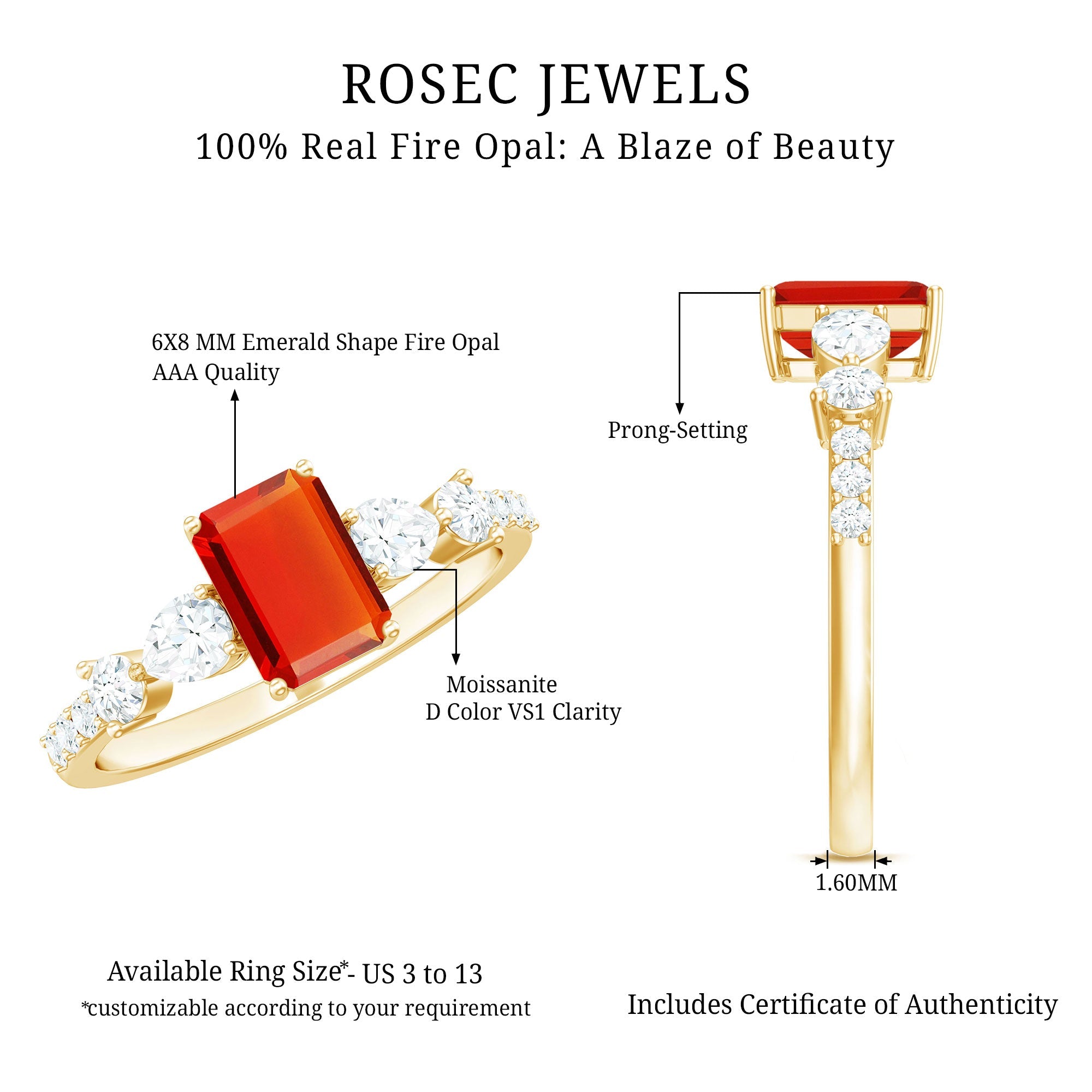 1 Carat Fire Opal Emerald Cut Engagement Ring with Diamond Side Stones