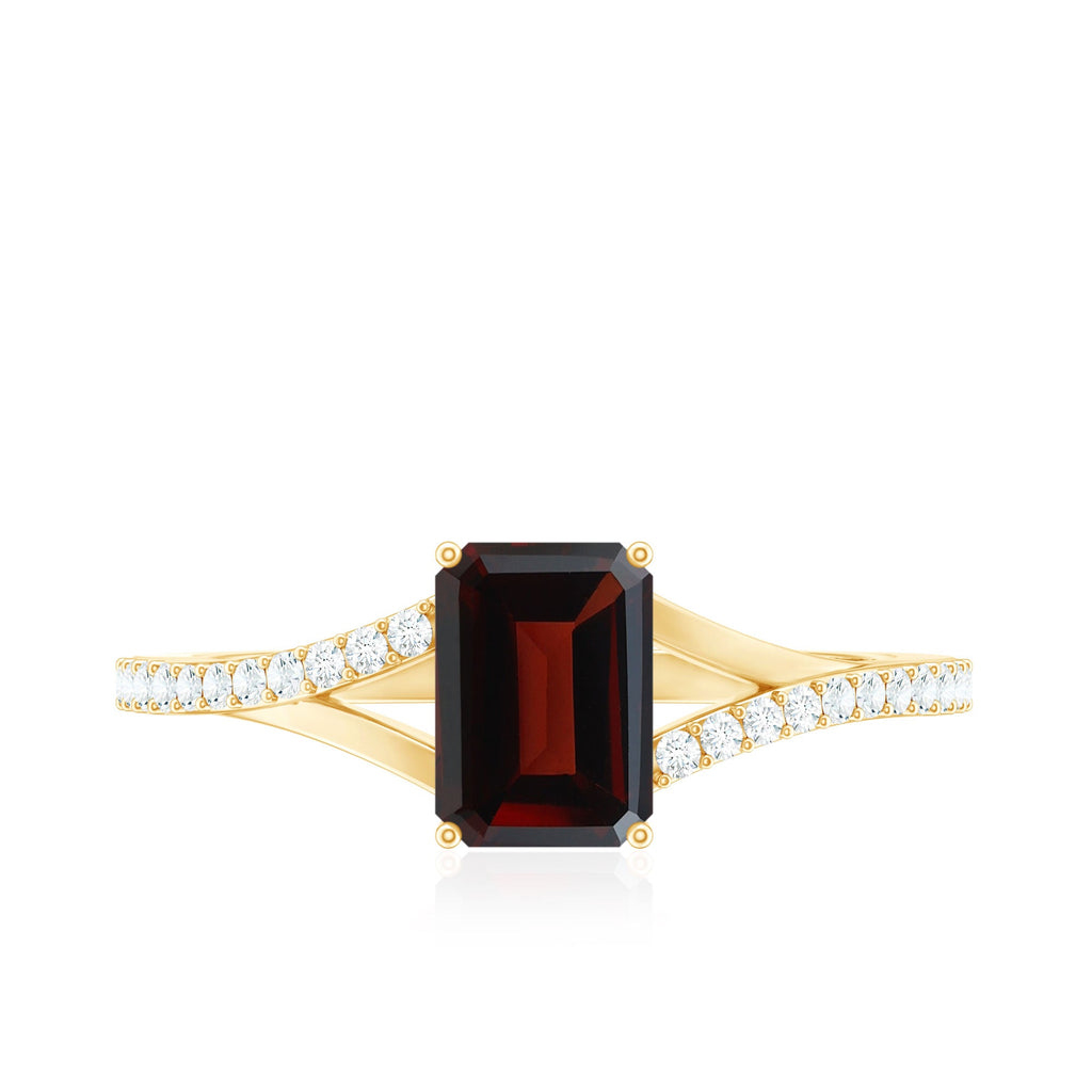Certified Natural Garnet Emerald Cut Engagement Ring with Diamond Split Shank