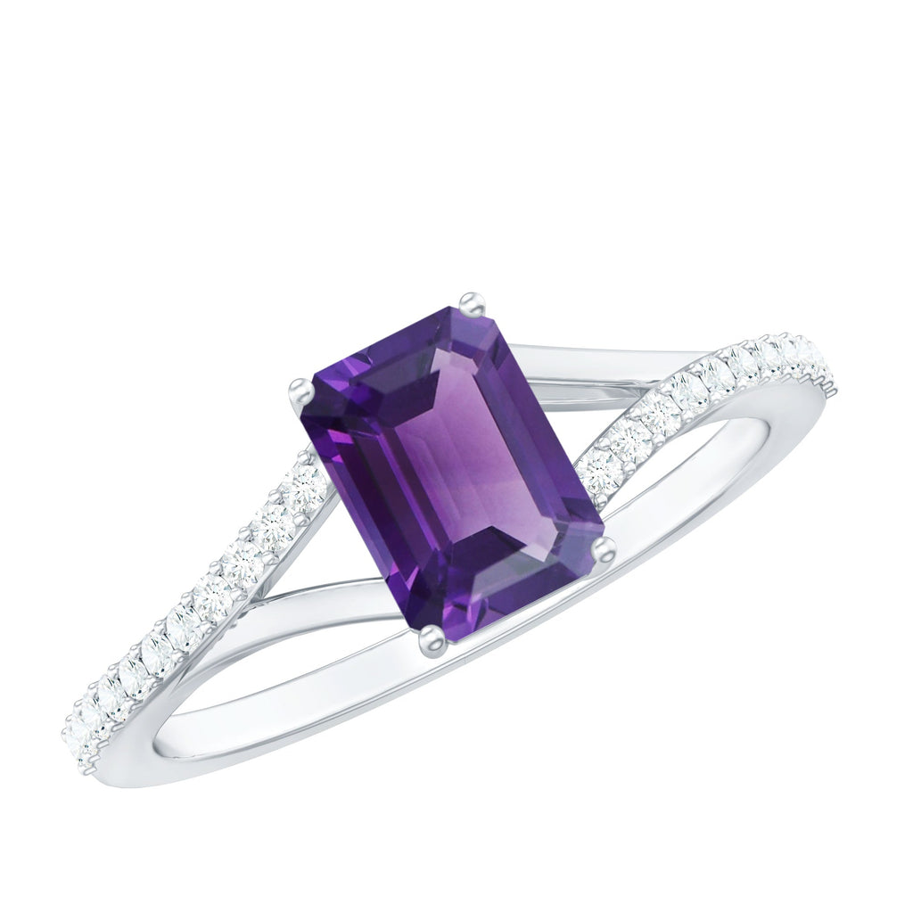 1.4 Carat Amethyst Emerald Cut Engagement Ring with Diamond Split Shank