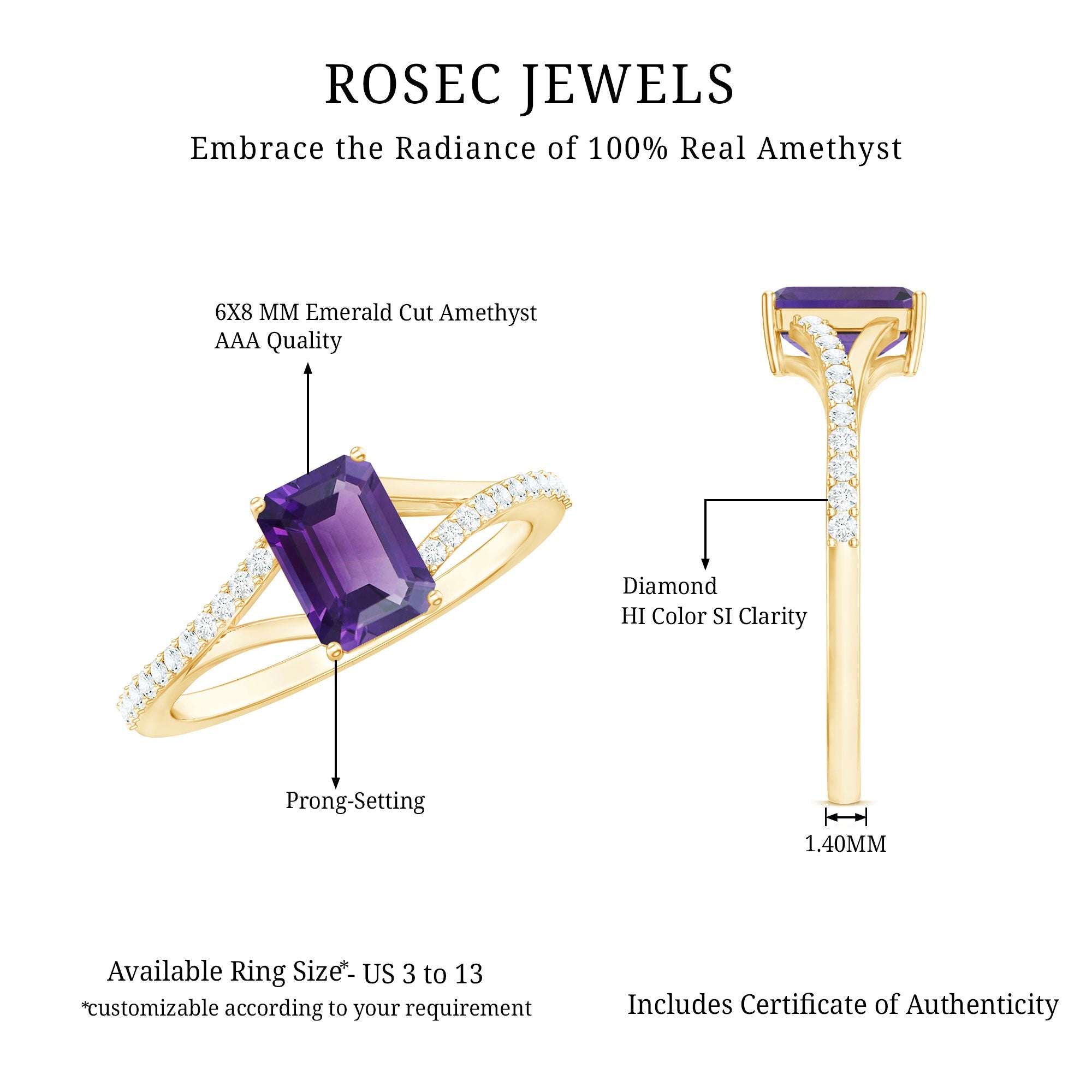1.4 Carat Amethyst Emerald Cut Engagement Ring with Diamond Split Shank