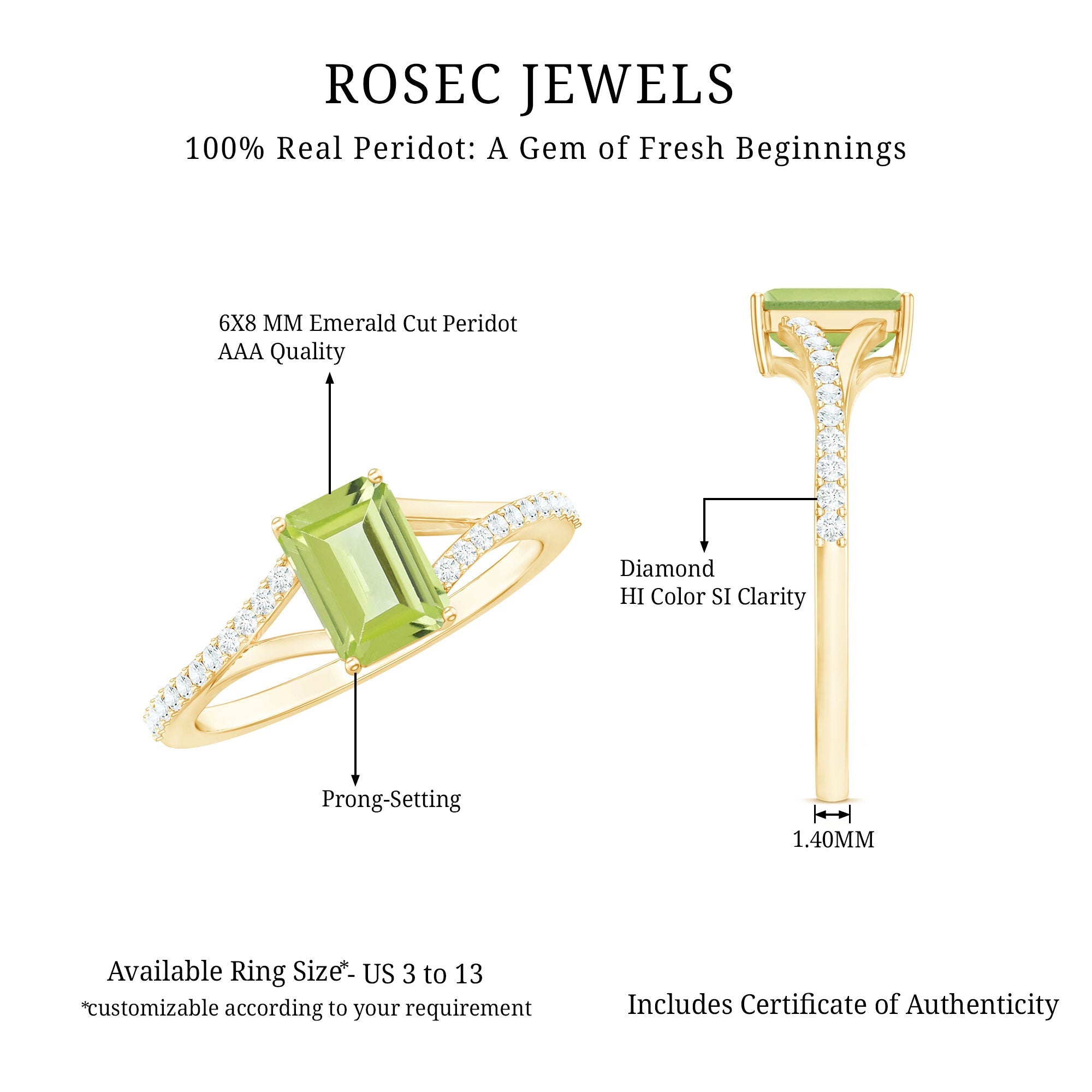 1.8 Carat Peridot Emerald Cut Engagement Ring with Diamond Split Shank