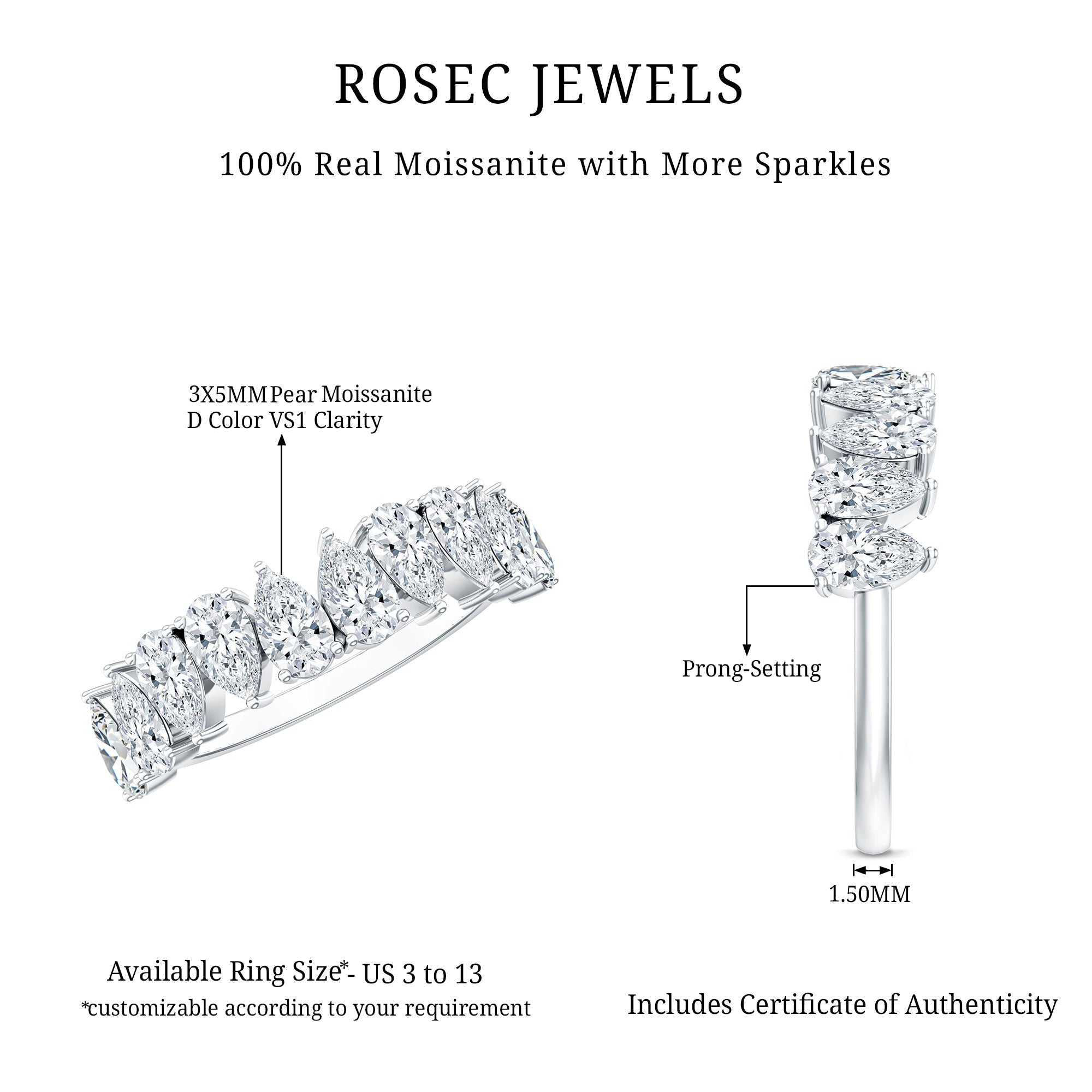 Pear Cut Moissanite Half Eternity Ring for Women