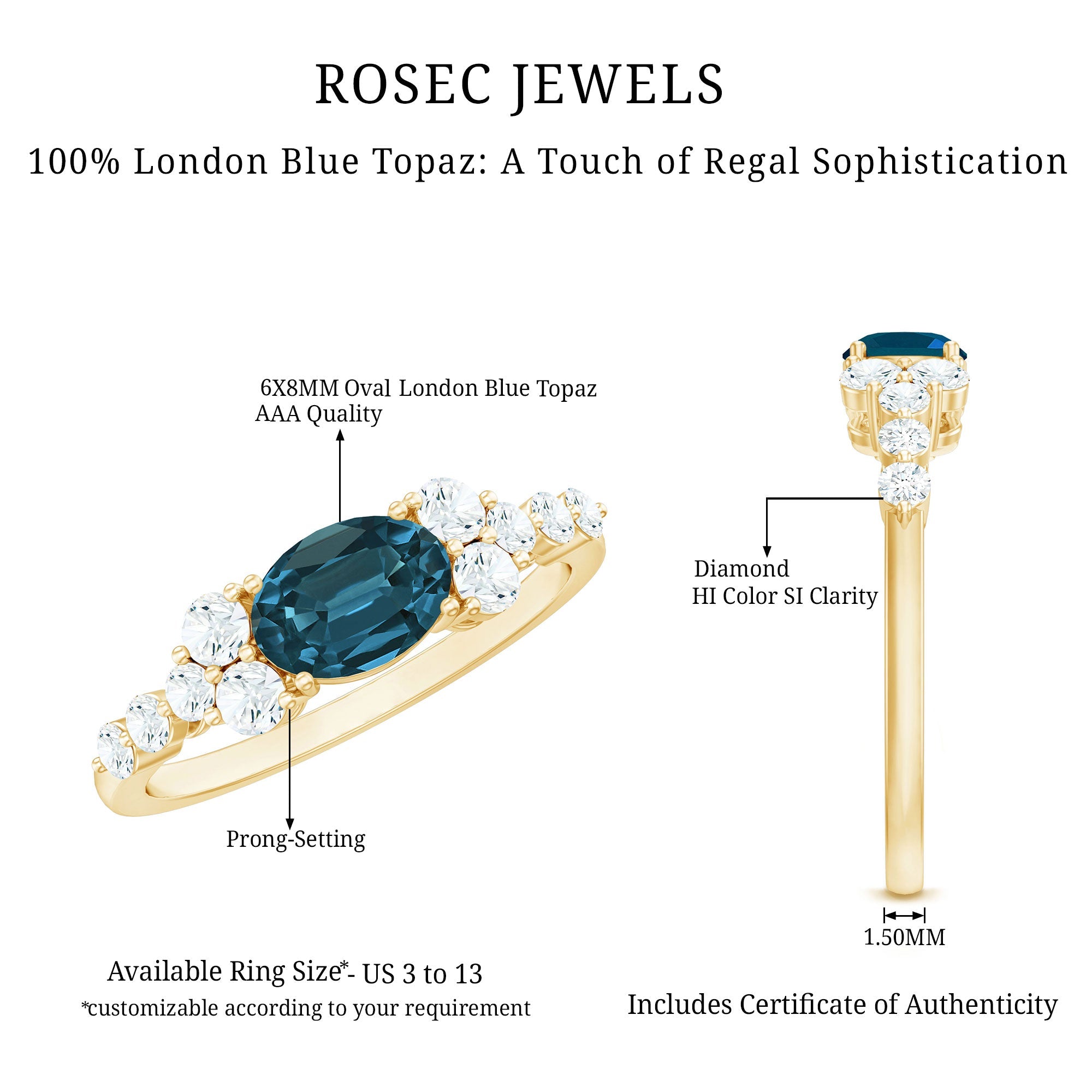 6X8mm Oval Cut London Blue Topaz Promise Ring with Diamond