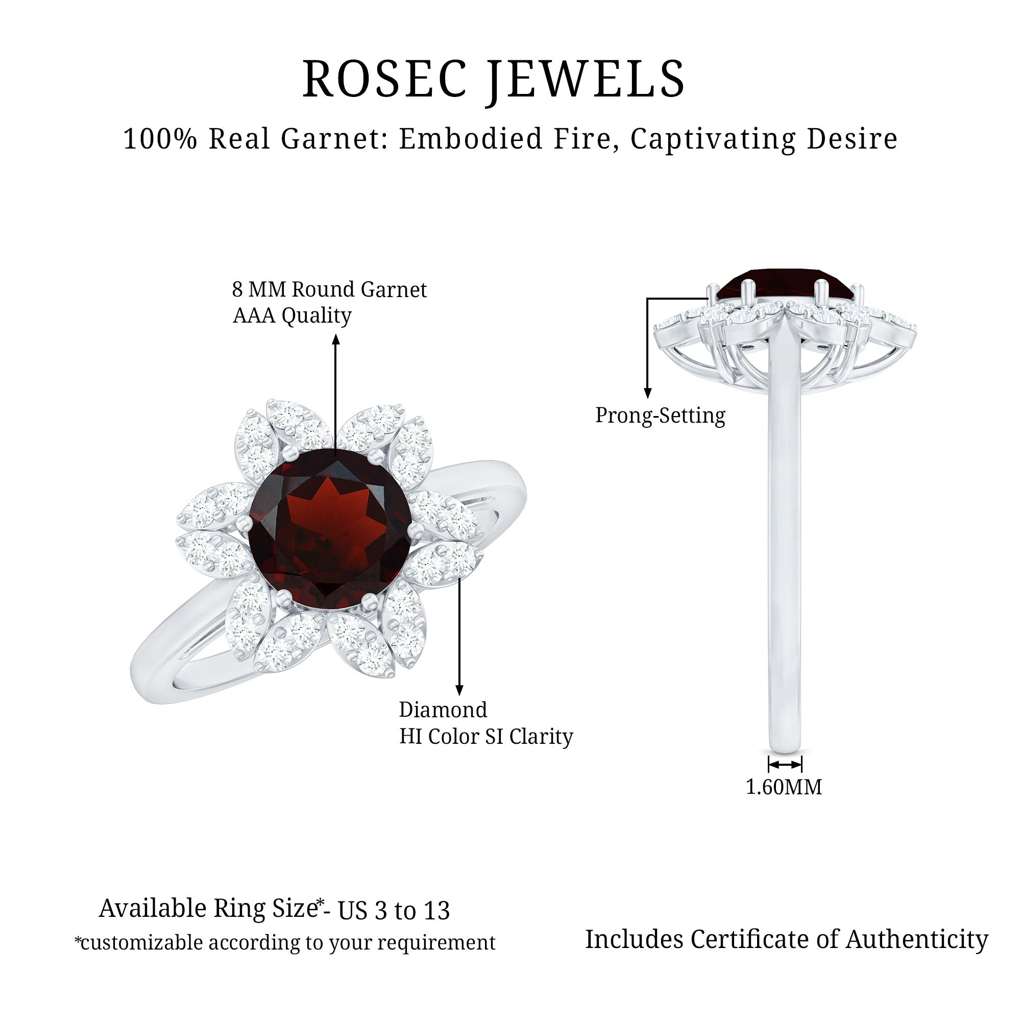 Certified Natural 8mm Garnet Flower Engagement Ring with Diamond