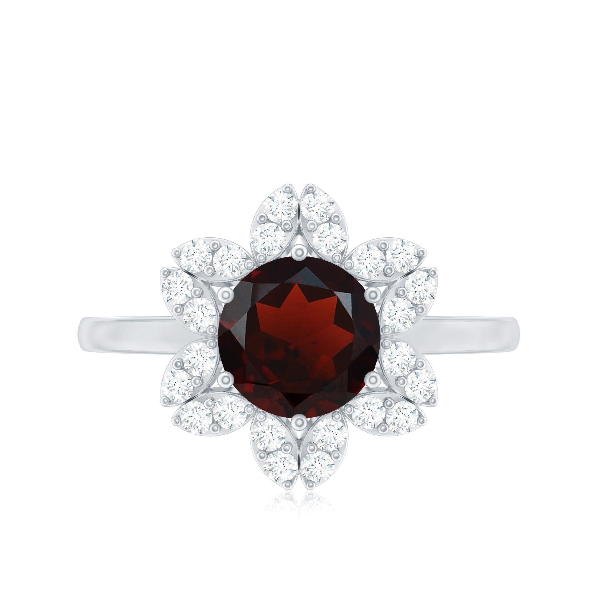Certified Natural 8mm Garnet Flower Engagement Ring with Diamond