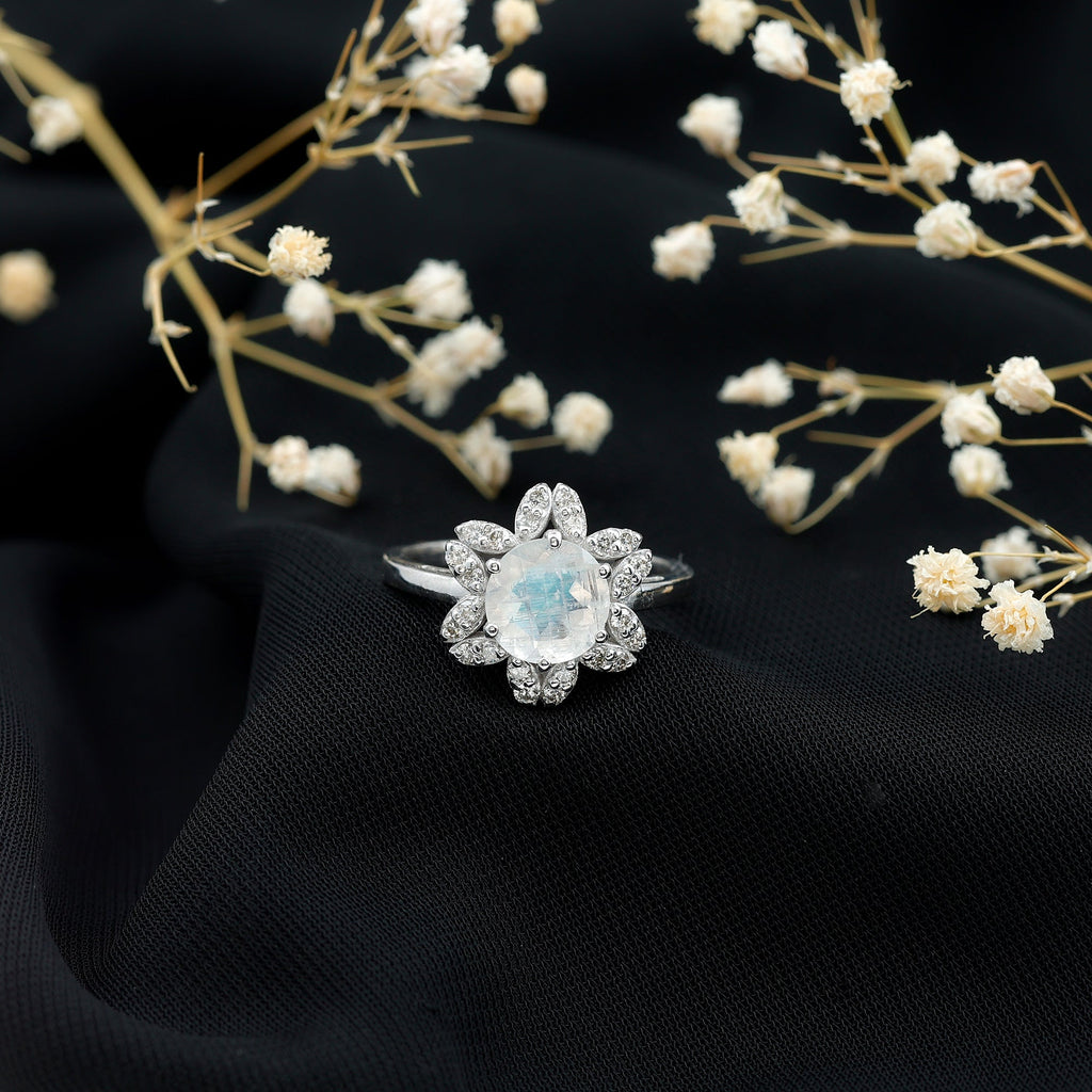0.85 CT Moonstone and Diamond Floral Halo Engagement Ring