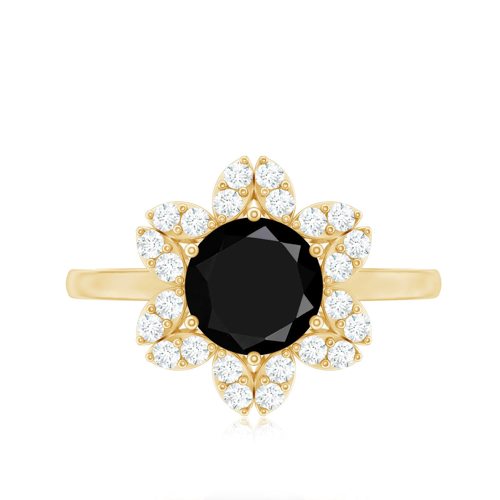 Genuine Round Cut Black Onyx Flower Engagement Ring with Diamonds