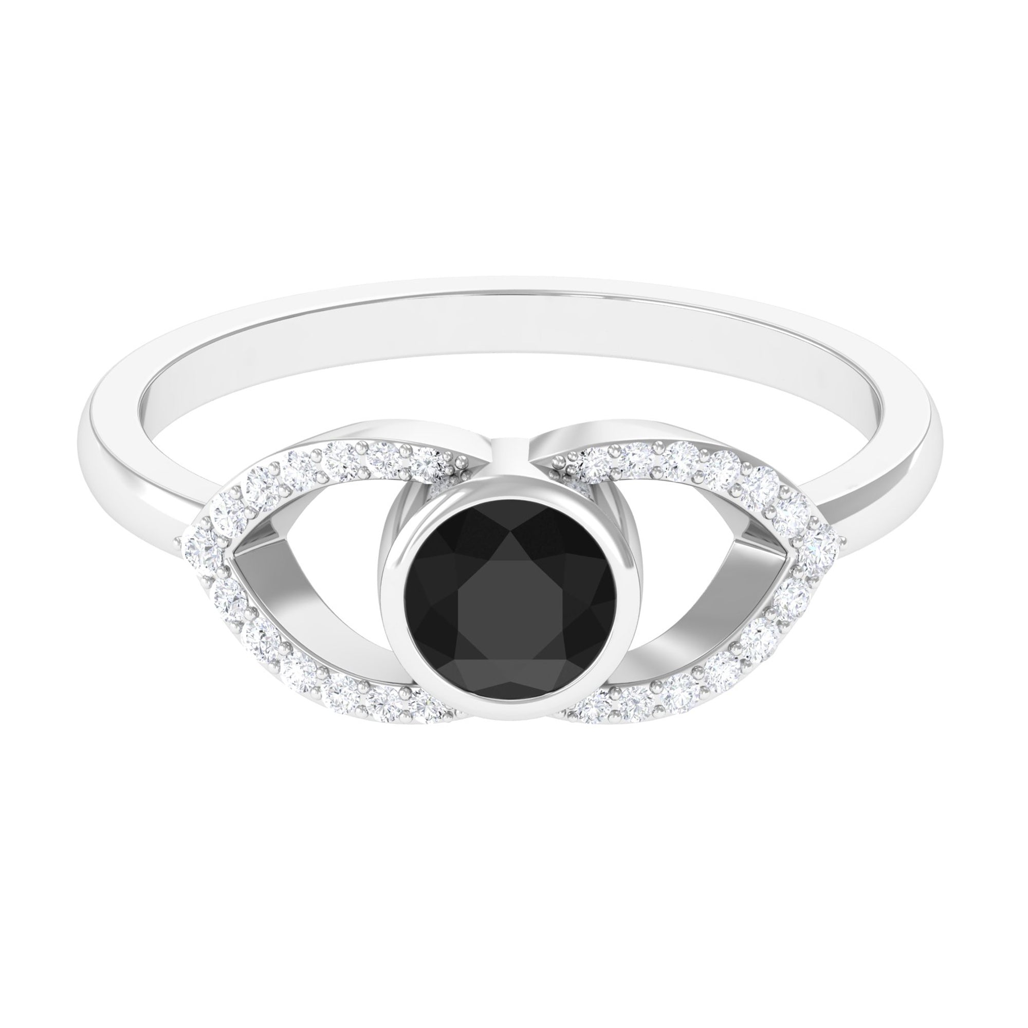 Bezel Set Solitaire Black Spinel and Diamond Ring in Split Shank