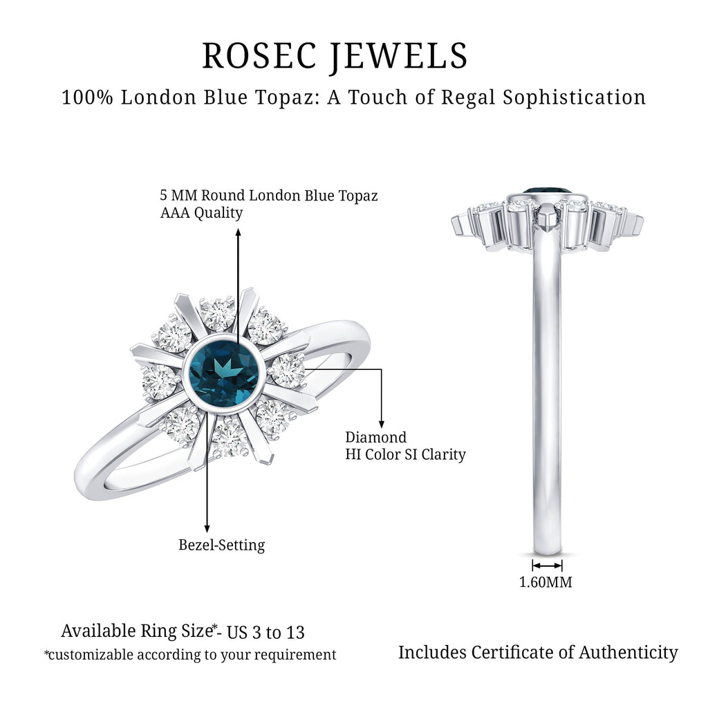 5mm Round London Blue Topaz Flower Ring with Diamond
