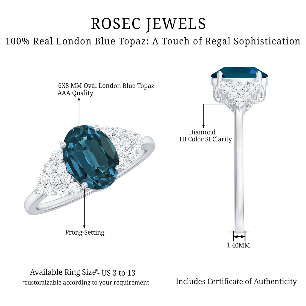 6X8mm Oval Cut London Blue Topaz Classic Engagement Ring with Diamond