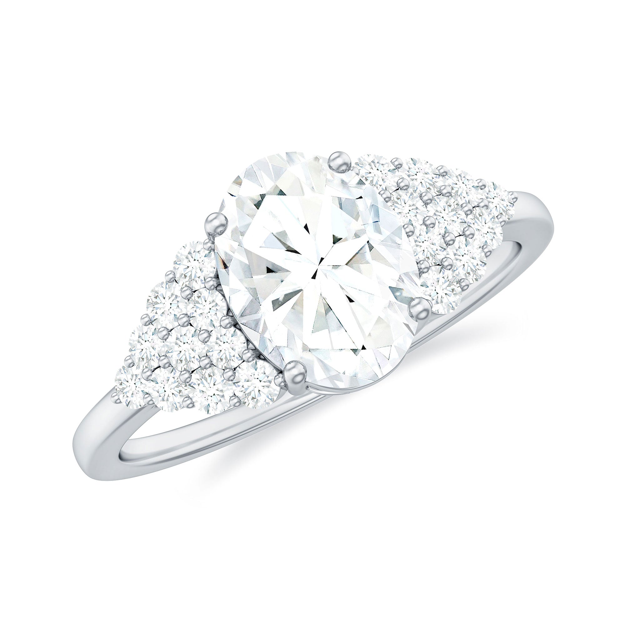 6X8 MM Oval Moissanite Engagement Ring with Cluster Side Stones