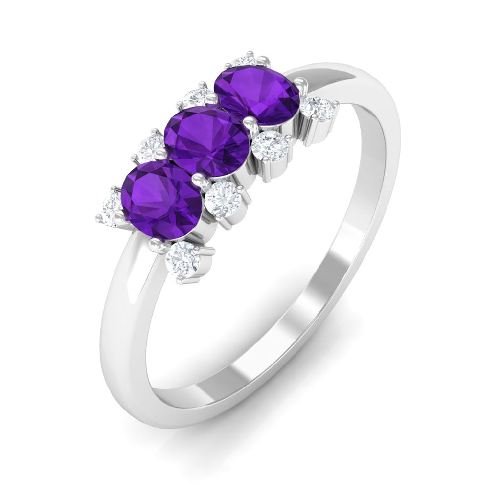 Natural Oval Amethyst 3 Stone Promise Ring with Diamond