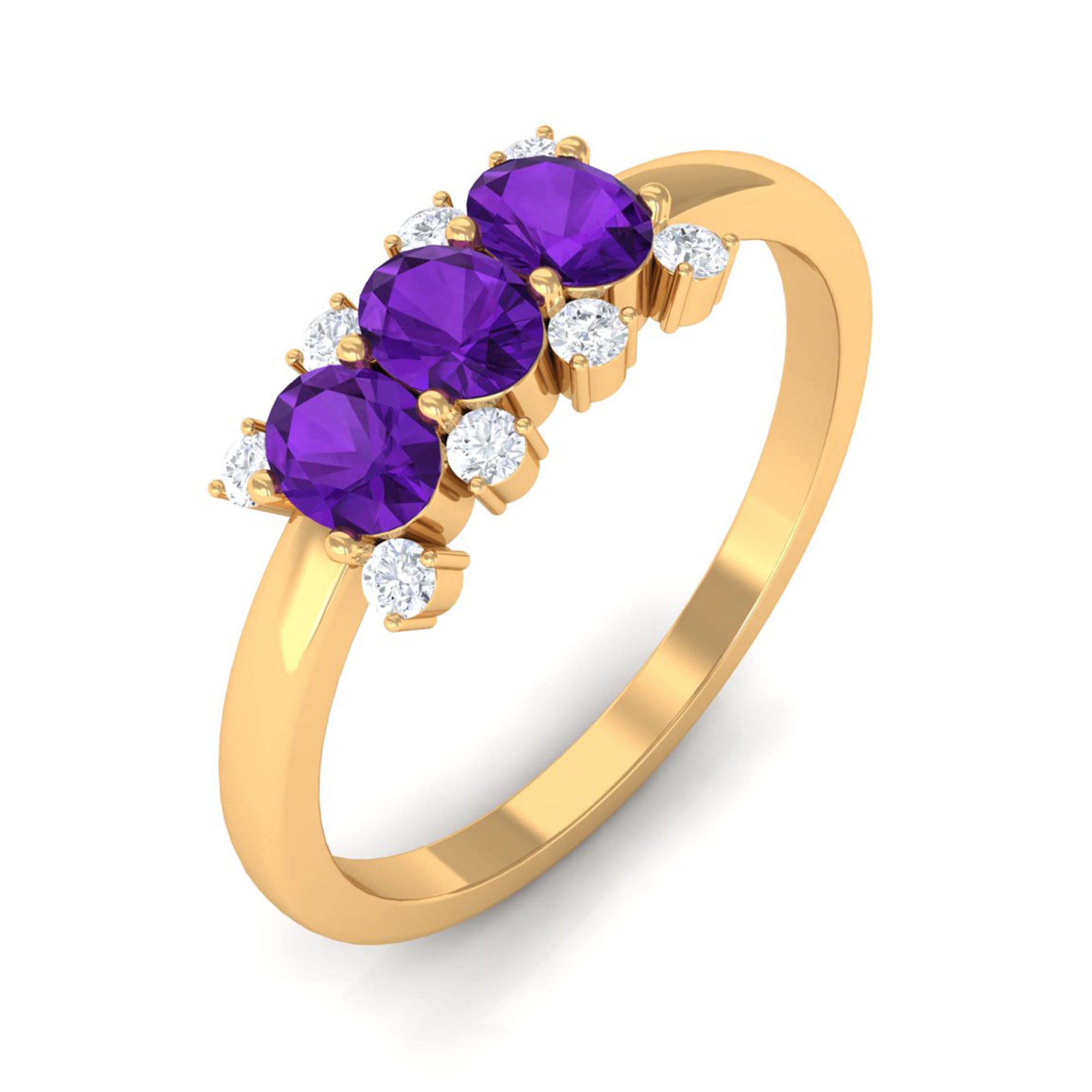 Natural Oval Amethyst 3 Stone Promise Ring with Diamond