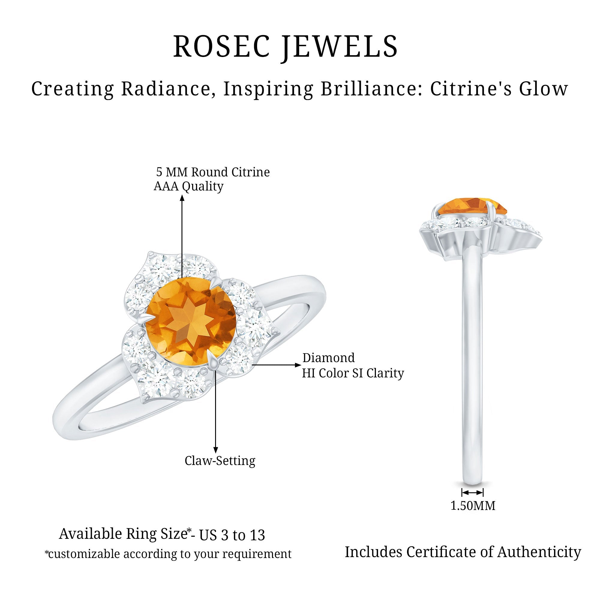 Certified Natural Citrine Designer Flower Engagement Ring with Diamond