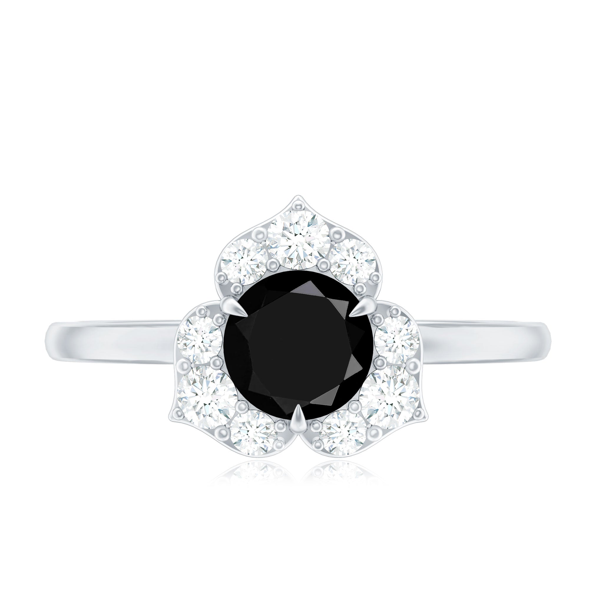 Natural Black Spinel Flower Engagement Ring with Diamond