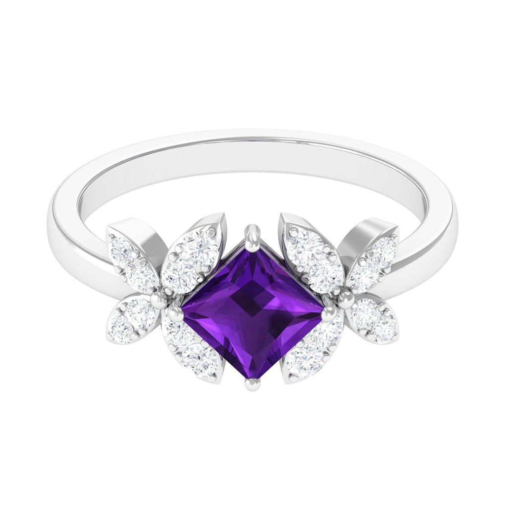 Princess Cut Amethyst Floral Engagement Ring with Diamond