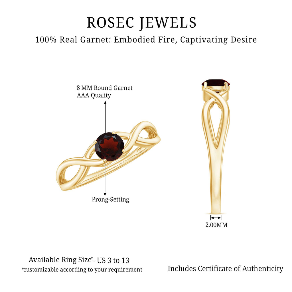 Genuine 8mm Garnet Solitaire Engagement Ring with Crossover Shank