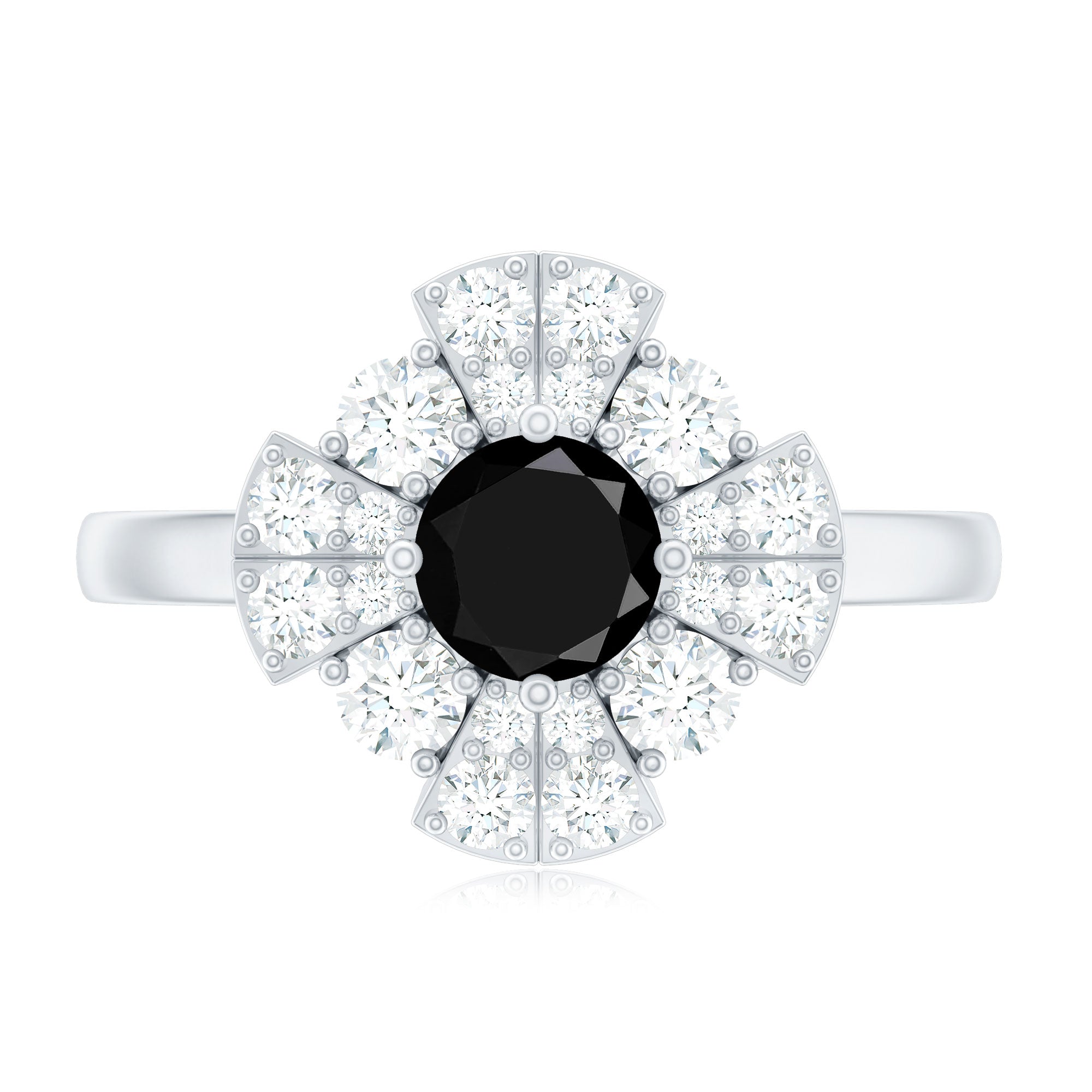 Natural Black Spinel Flower Engagement Ring with Moissanite