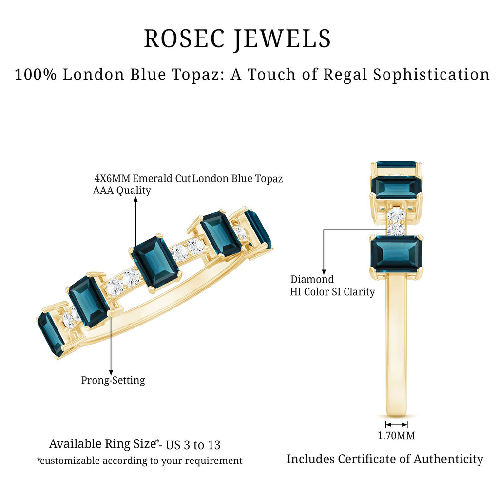 4X6mm Emerald Cut London Blue Topaz Half Eternity Band with Diamond