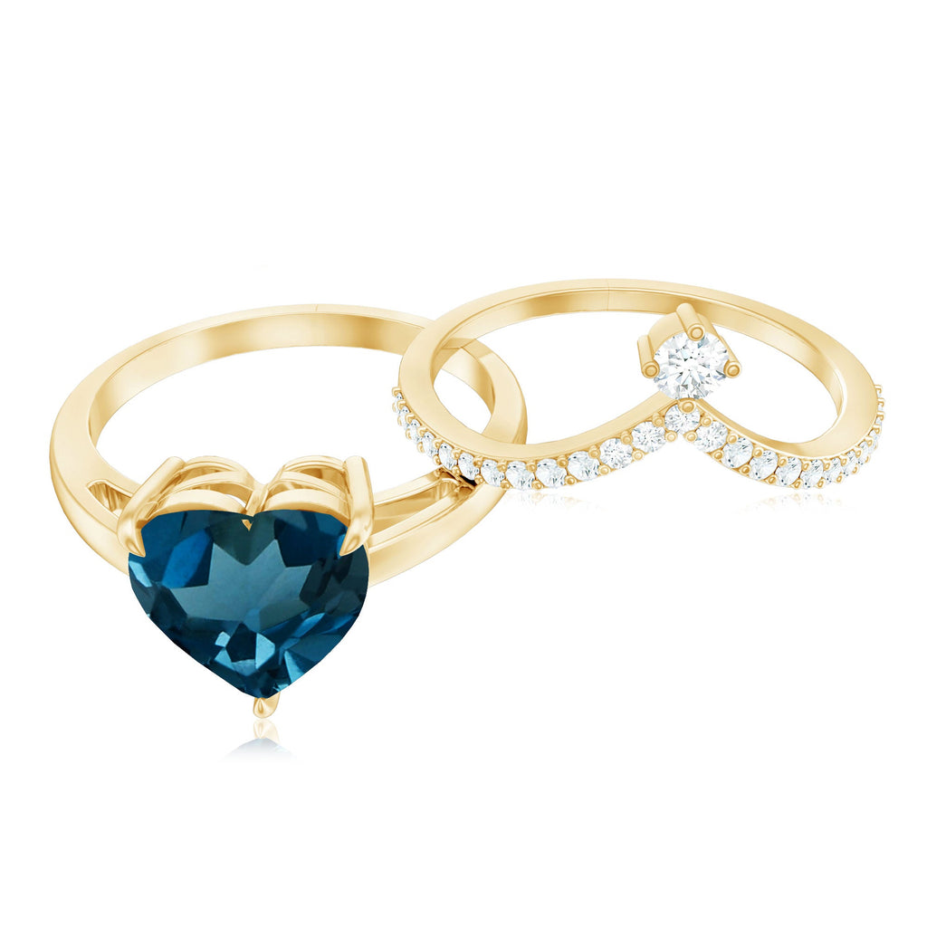 8mm Heart Shaped London Blue Topaz Solitaire Ring Set with Diamond Curved Band