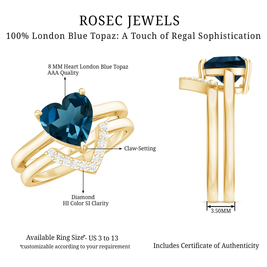 8mm London Blue Topaz Heart Ring Set with Diamond