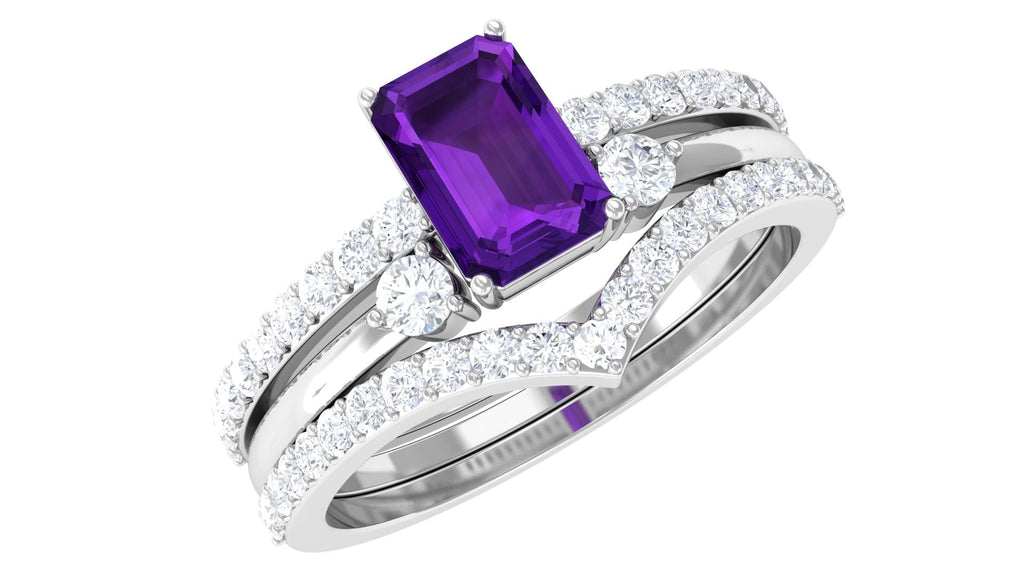 Natural 1.4 Carat Emerald Cut Amethyst Diamond 3 Piece Bridal Ring Set