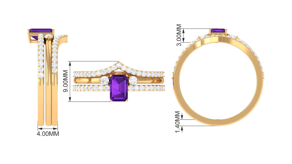 Natural 1.4 Carat Emerald Cut Amethyst Diamond 3 Piece Bridal Ring Set