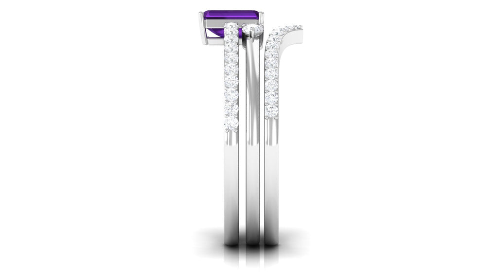 Natural 1.4 Carat Emerald Cut Amethyst Diamond 3 Piece Bridal Ring Set