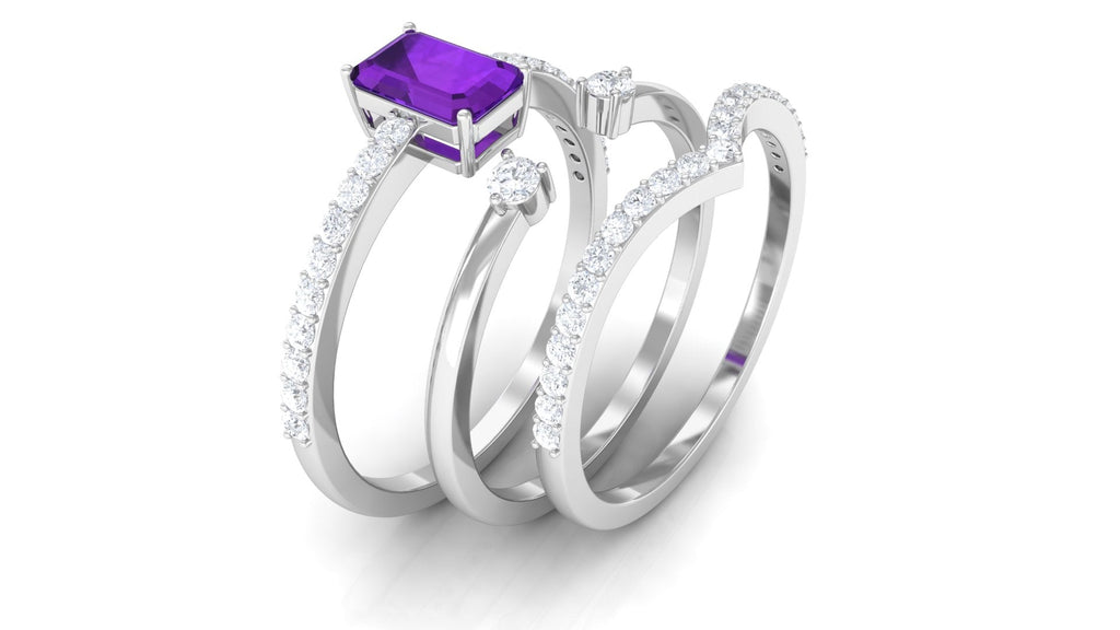 Natural 1.4 Carat Emerald Cut Amethyst Diamond 3 Piece Bridal Ring Set