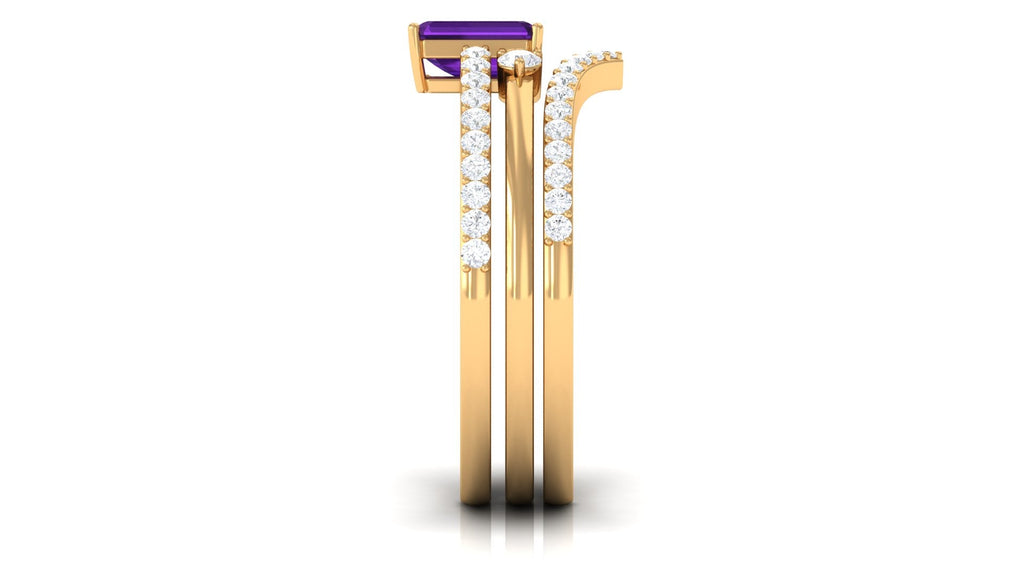 Natural 1.4 Carat Emerald Cut Amethyst Diamond 3 Piece Bridal Ring Set