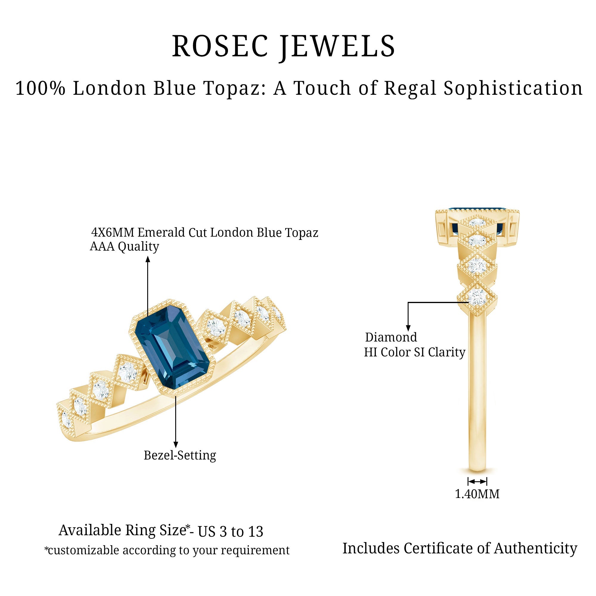 4X6mm Emerald Cut London Blue Topaz Engagement Ring with Beaded Details