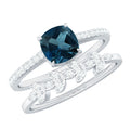 8mm Cushion Cut London Blue Topaz and Diamond Engagement Ring with Wedding Band