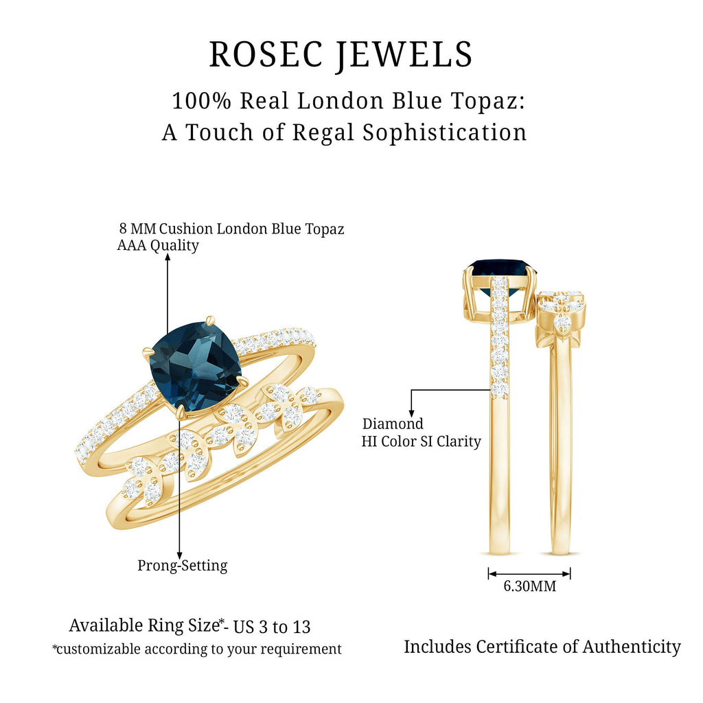 8mm Cushion Cut London Blue Topaz and Diamond Engagement Ring with Wedding Band