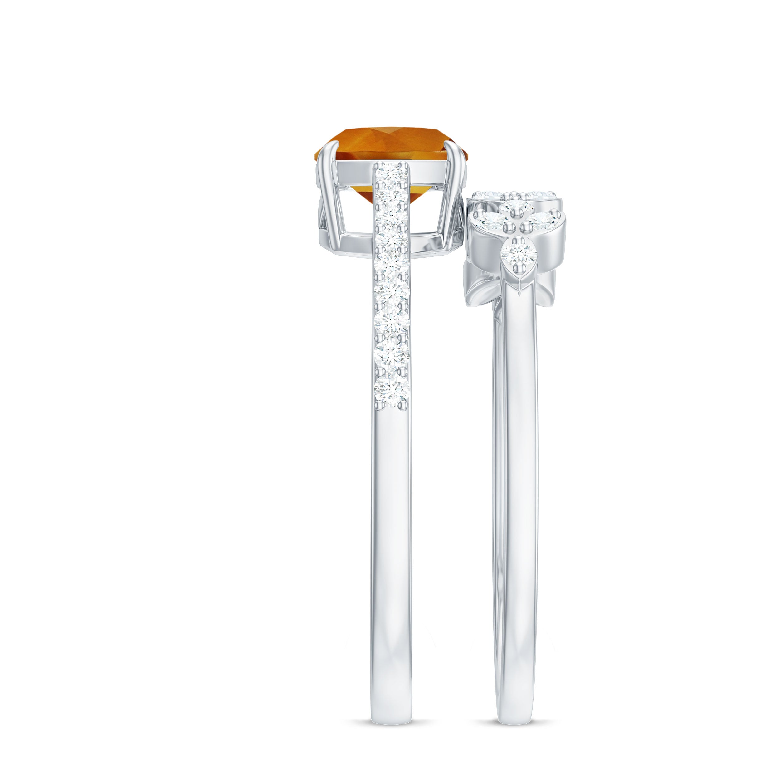 Certified Citrine and Diamond Wedding Bridal Ring Set of 2