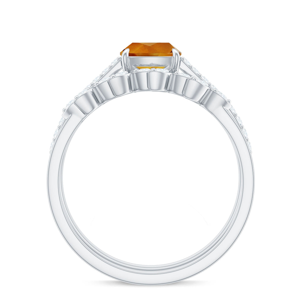 Certified Citrine and Diamond Wedding Bridal Ring Set of 2